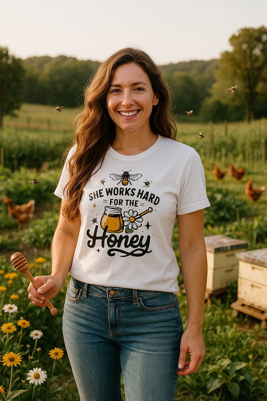 “She Works Hard for the Honey” Tee – Buzzed, Blessed & Bee-yond Tired