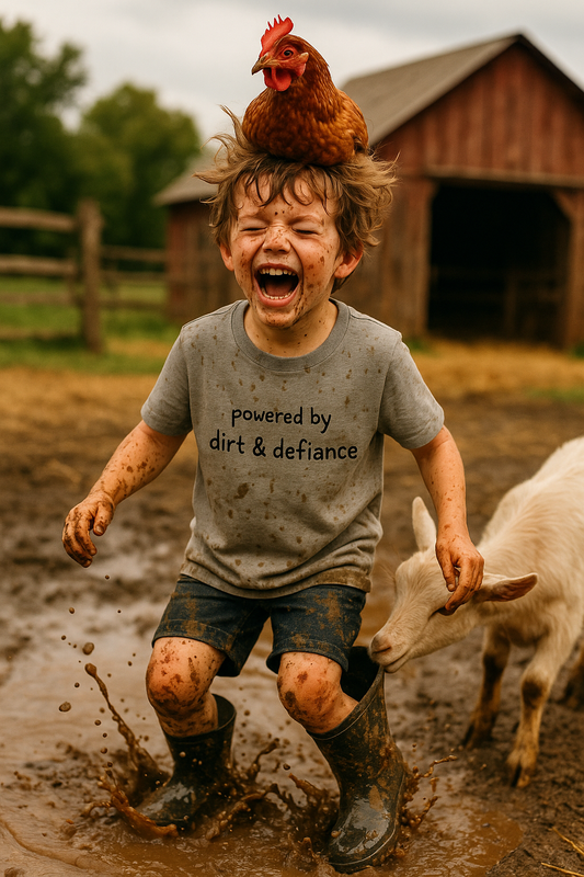 “Powered by Dirt & Defiance” Kid Tee – Chaos in Cotton Form
