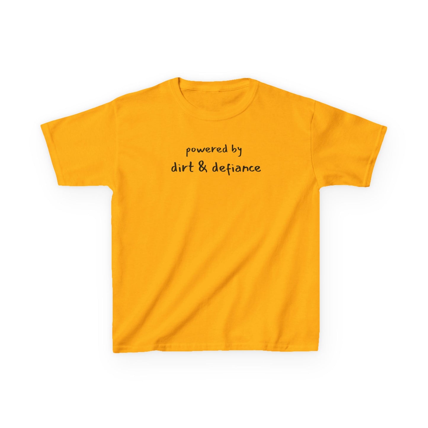 “Powered by Dirt & Defiance” Kid Tee – Chaos in Cotton Form